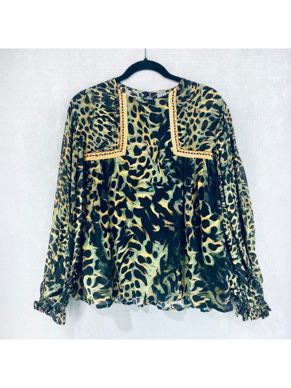 Anthropologie Bl-nk Top Womens Small Black Leopard Print Blouse Peasant Boho